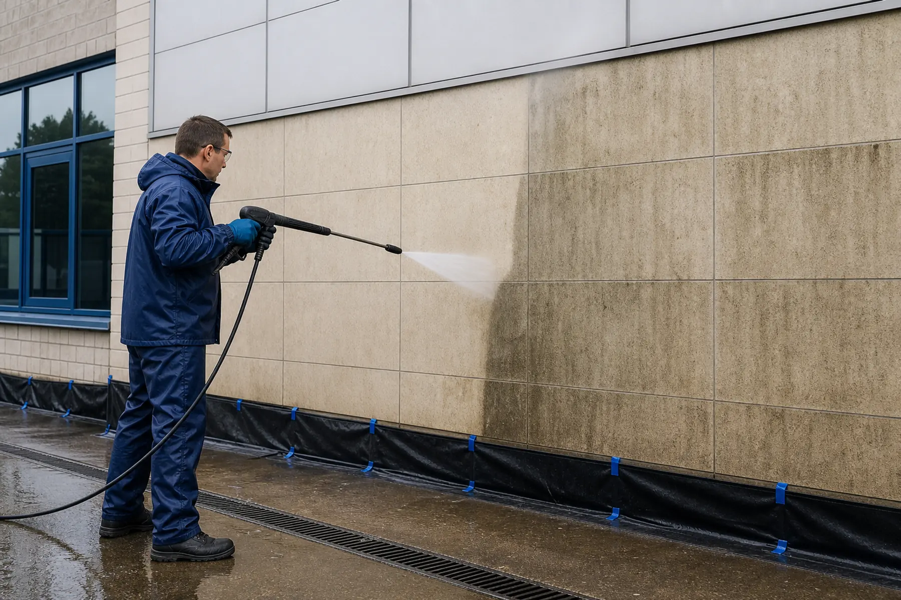 Hidrolavado profesional y controlado de una fachada exterior