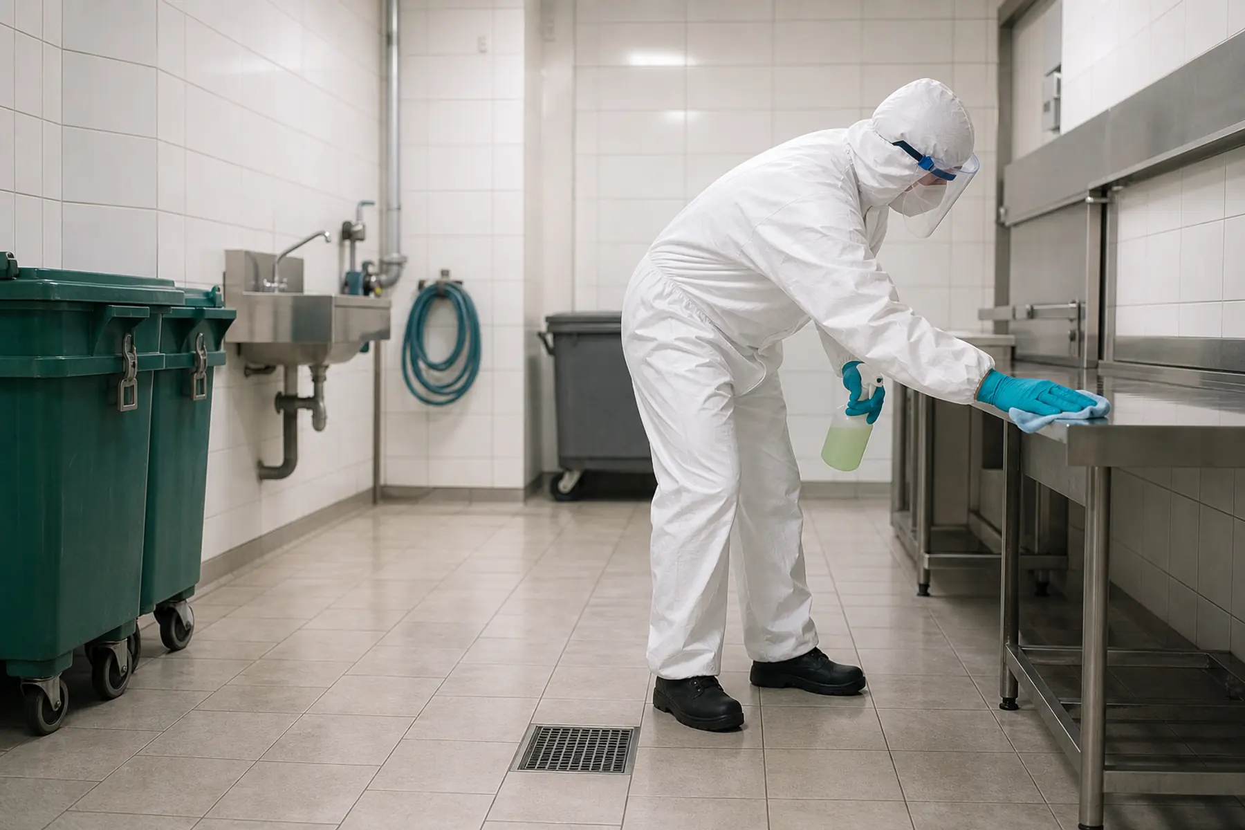 Técnico con elementos de protección realizando sanitización